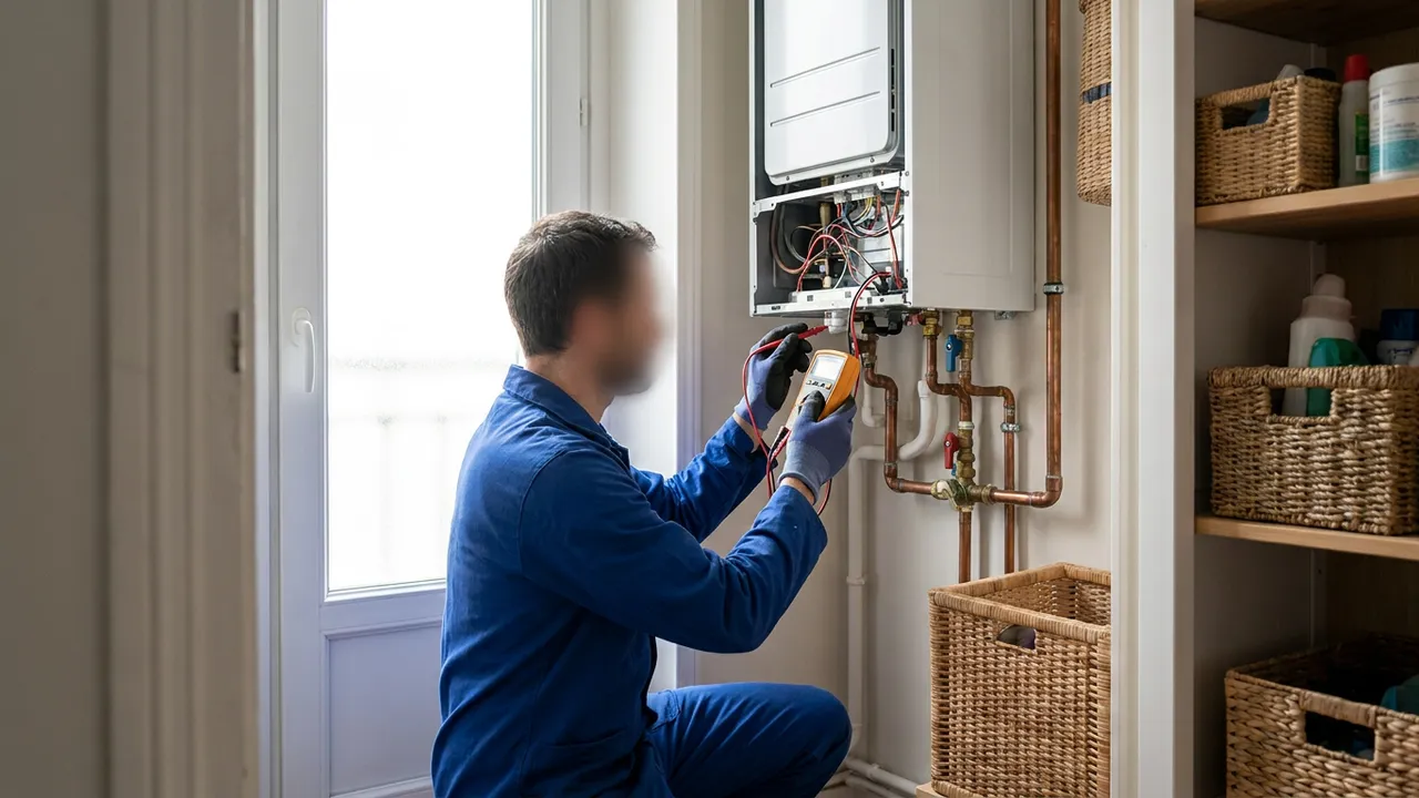 Plombier diagnostiquant un chauffe-eau électrique dans la salle de bain d'un appartement parisien du 12e