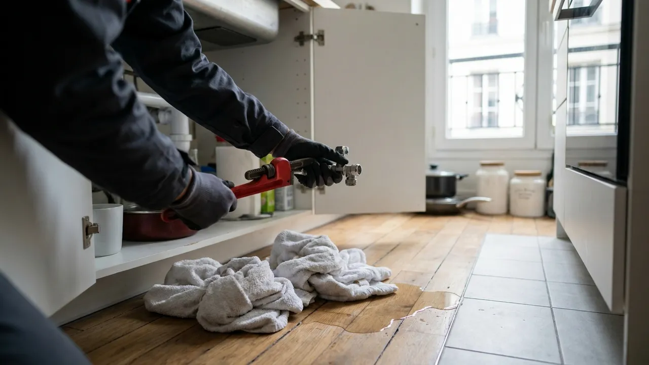 Main fermant la vanne d'arrêt d'eau sous un évier lors d'une fuite dans un appartement de Paris 12