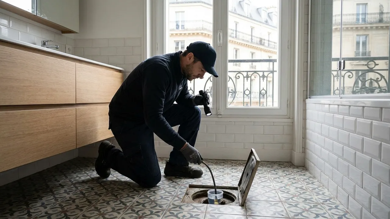Plombier contrôlant le siphon d'un évier dans une cuisine d'appartement haussmannien à Paris 12