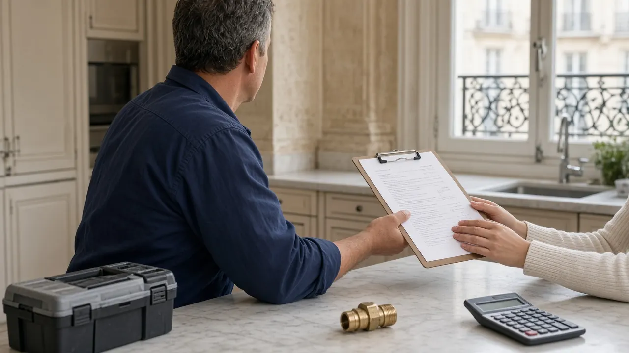 Plombier présentant un devis détaillé dans une cuisine parisienne : taux horaire, déplacement et pièces